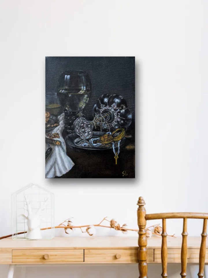 Oil Painting Still Life with Wine Glass, Pie and Antique Clock Original Art 16x12 inches
