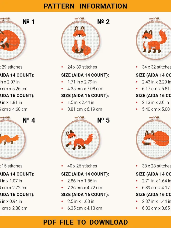 Bundle 6 mini foxes Cross stitch pattern, tiny animal, Nature, animals, beginner counted, modern chart, gift DIY, embroidery, instant PDF