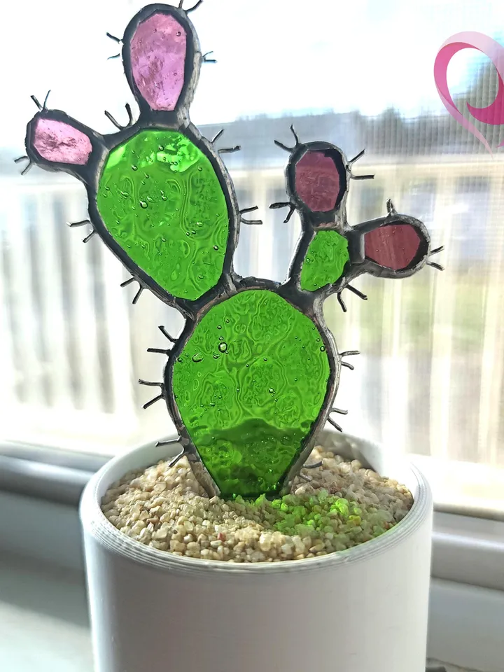 Real Stained Glass Prickly Pear Cactus Suncatcher in Cute Pot for Small Windowsill Paddle Cactus Gift for Plant Lovers No Kill Succulent