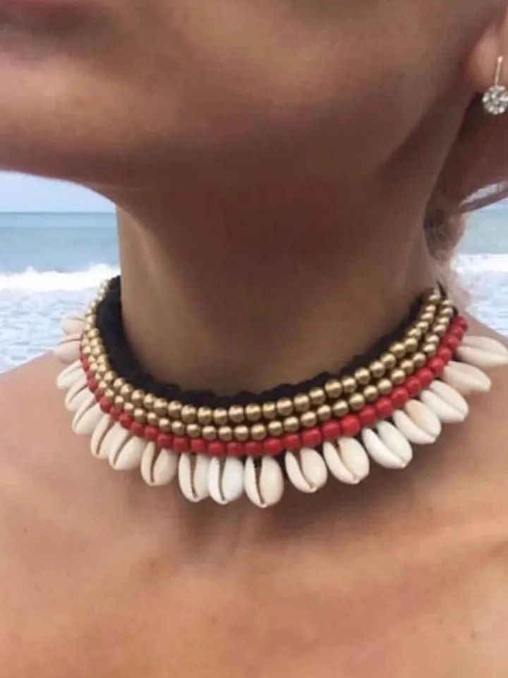 Shell Choker Cowrie Adjustable Tie Hippie Boho Coachella | Summer Shell Makrame Choker | Bohemian Shell Choker Red Gem Black | Handmade