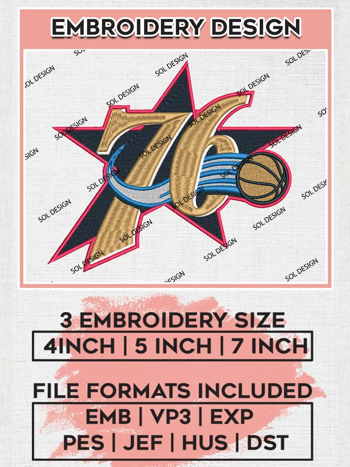 NBA 76ers Logo Embroidery Designs, NBA Philadelphia 76ers Team Logo Embroidery Designs, Basketball Team Logo Embroidery Files, NBA Team, 3 sizes, Machine embroidery Files, Digital Download