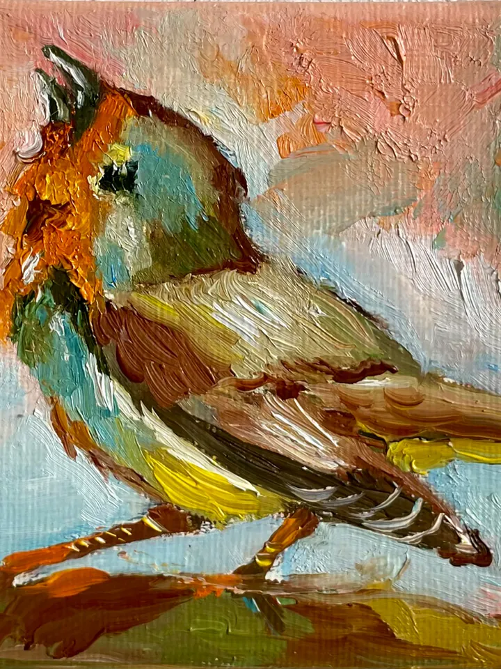 Robin Painting, Original Oil painting on Canvas, Tiny Bird art painting, Miniature Artwork
