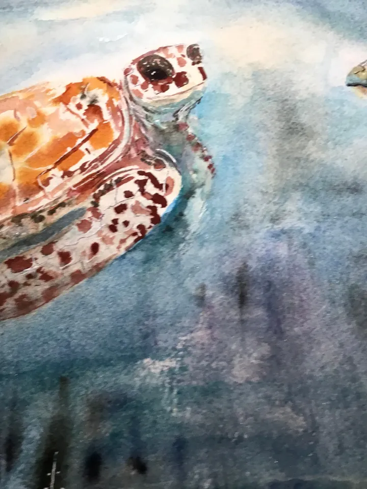 Turtles flying over a fantasy town,original watercolor painting,turtles painting,animals watercolor painting,fantasy wall art.