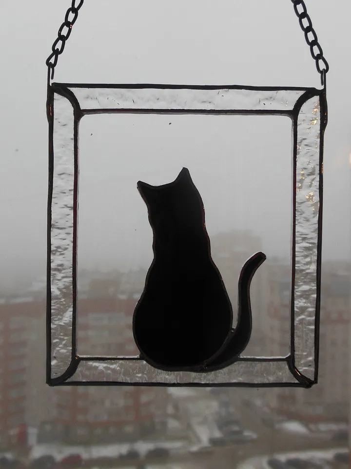 Black Cat in Frame Stained glass window hanging Suncatcher . Gift for animal lover, pet loss memorial .