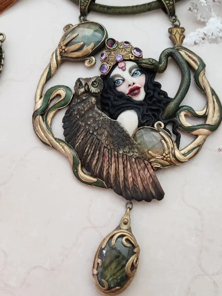 Necklace Mistress of the Forest, owl necklace, snake necklace, forest necklace,necklace with stones, labradorite