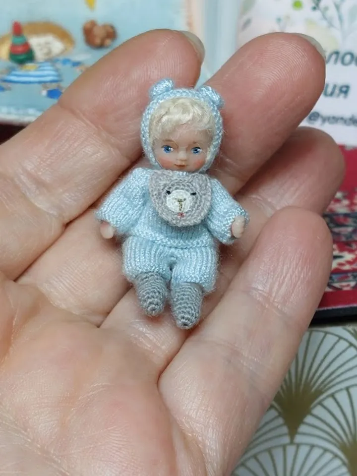 Handmade 2 inch miniature doll with two sets of clothes. Micro doll for dollhouse.