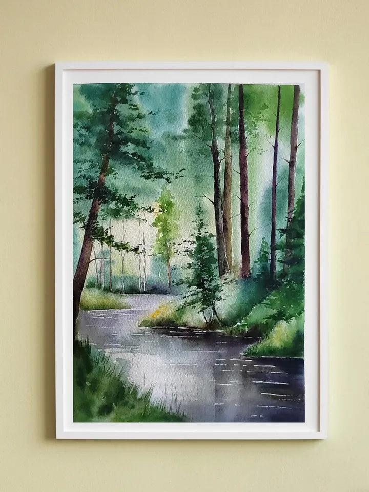 Forest Landscape Painting Original Watercolor Art Forest River Artwork Summer Forest Picture 10.62x15.35 in by Art Café