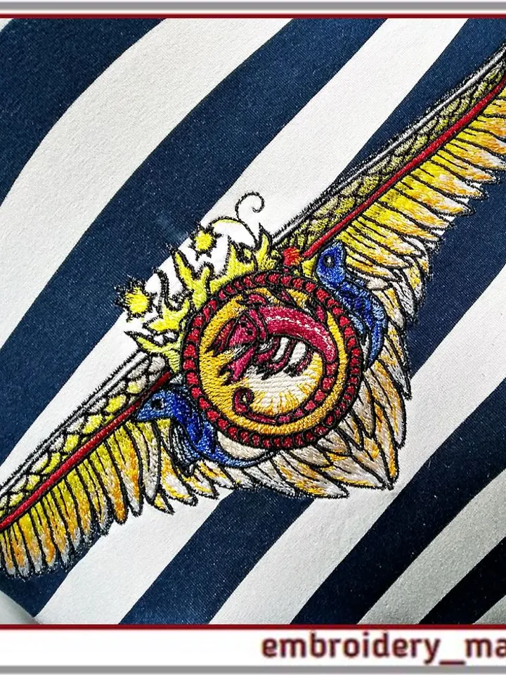 Embroidery design wings, sun, marine life and sea animals