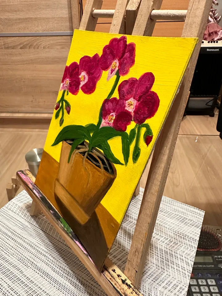 Oil Painting Orchid In a Pot Home Indoor Plants Flowers Nature Floral Art Wall Decor Miniature New Unframed Cardboard 8x6 Inches 21x15 cm