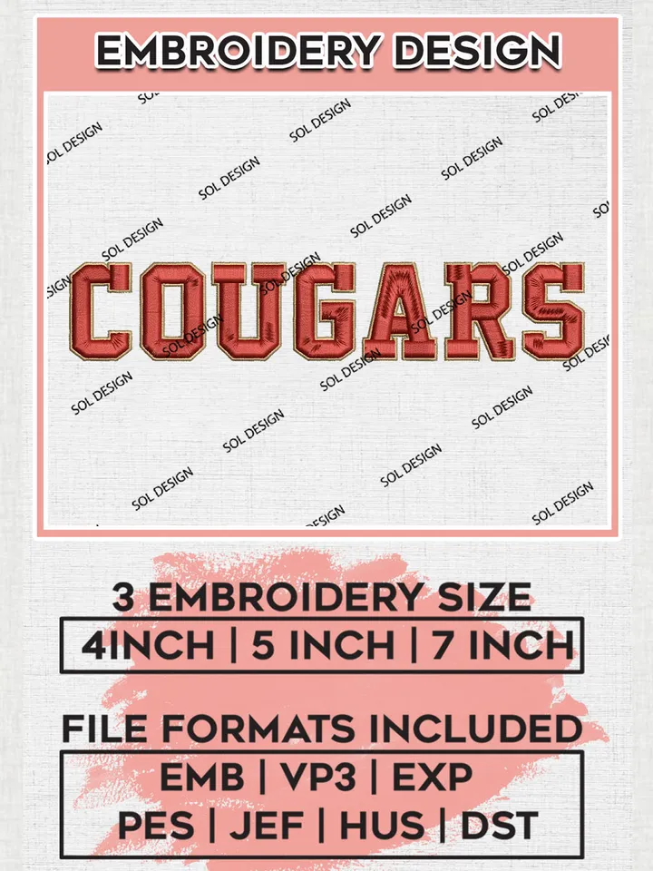 NCAA Cougars Team Word Logo Embroidery Design Files, NCAA Charleston Cougars Machine Embroidery, NCAA Teams, Game Day, 3 sizes, NCAA Machine embroidery designs, Digital Download