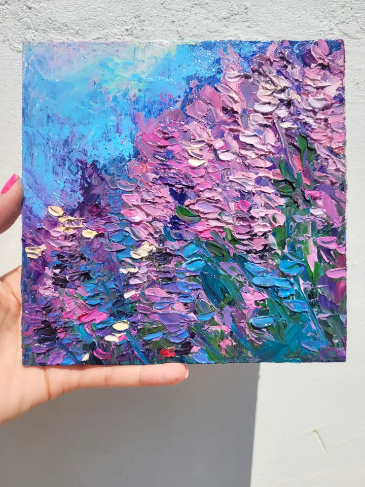 Lavender Painting Flower Original Art Impasto Oil Painting 6.7x6.7 Meadow Landscape Painting Floral Wall Art Painting Abstract Flower Art by ArtFromVictoria