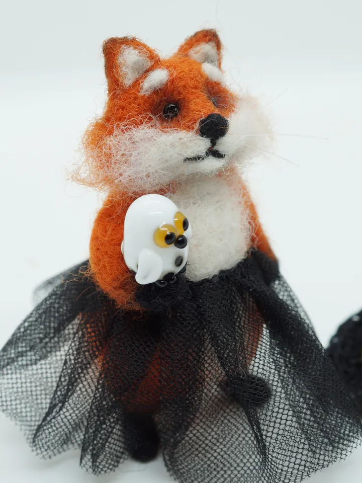 Glinda the fox, miniature needle felted fox in a witch outfit, ships from the US