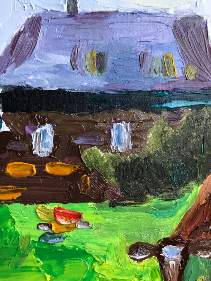 In the village Cow original oil painting hand painted impasto painting farmhouse wall art 6x9 inches