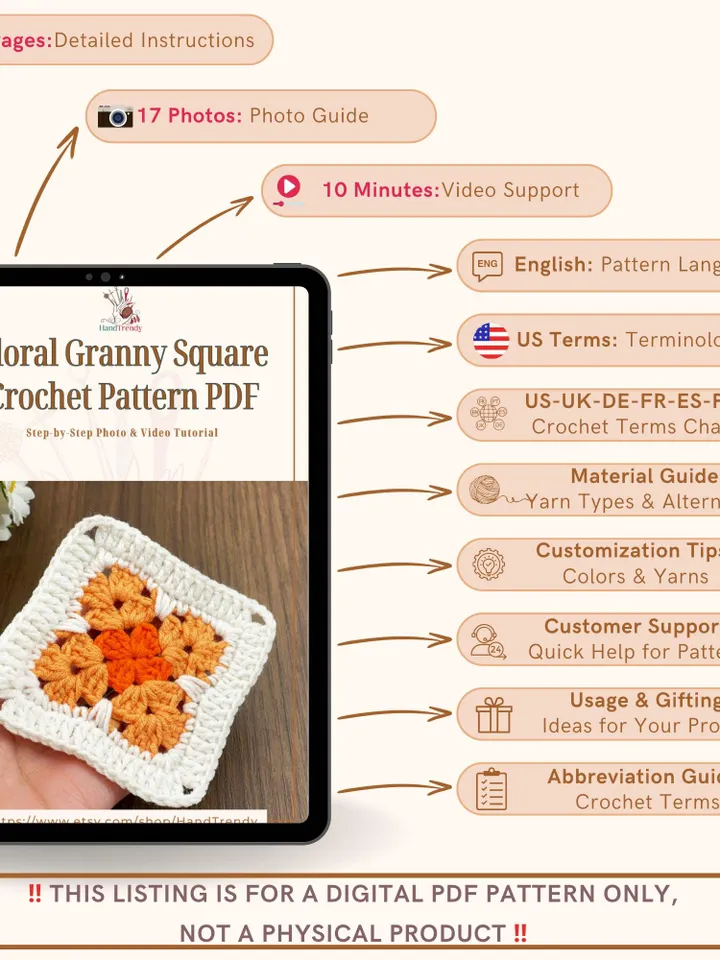 Floral Granny Square Crochet Pattern PDF, Flower Motif Tutorial for Beginners, DIY Blanket, Pillow, or Bag Design