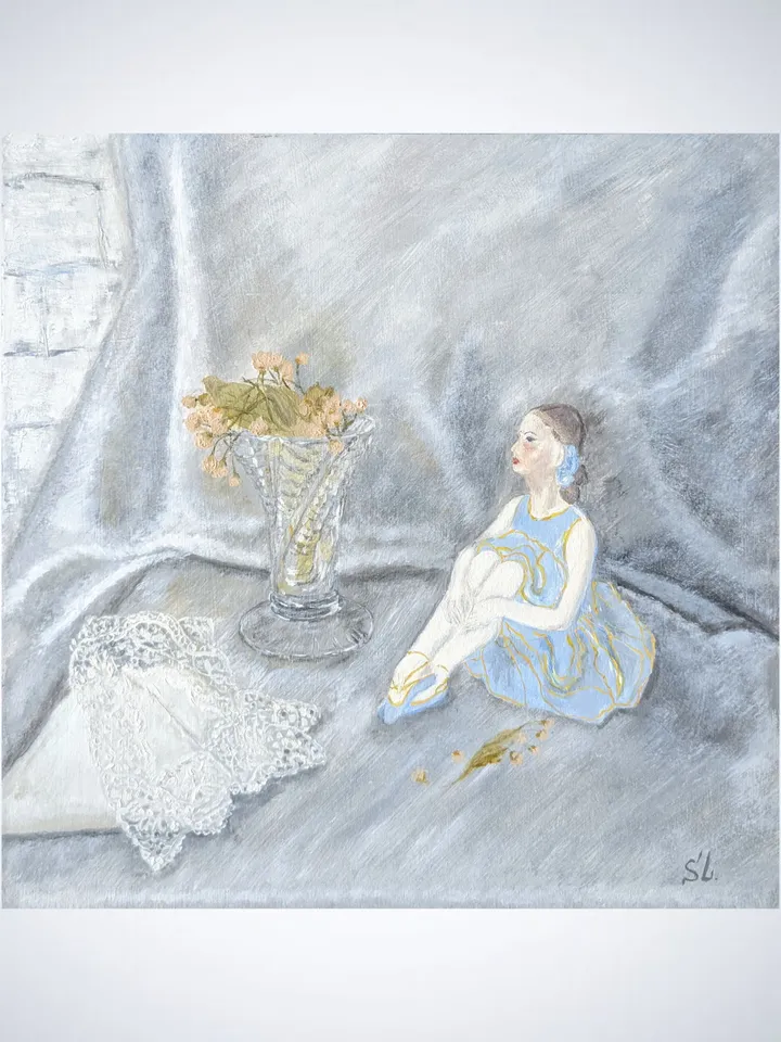 Oil painting, still life with a ballerina figurine, vase and delicate lace handkerchief. Vintage things. Miniature oil painting 12x12 inches