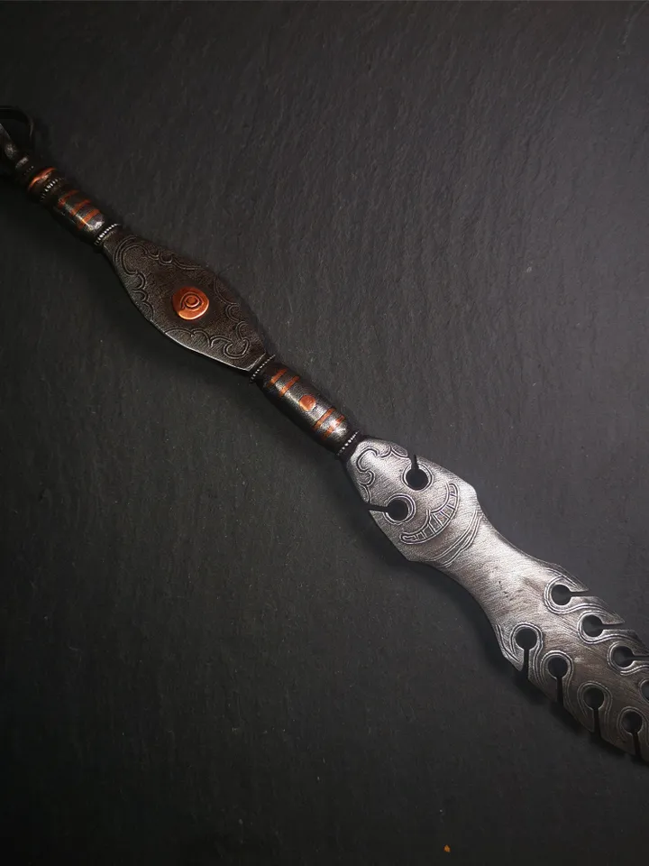 Gandhanra Handmade Tibetan Buddhist Ritual Implement - Dorje Phurba, Unique Manjusri Sword,Made of Cold Iron inlaid Copper, 12"