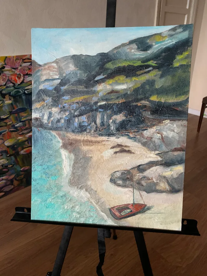 Seashore rocks sand boat texture oil painting