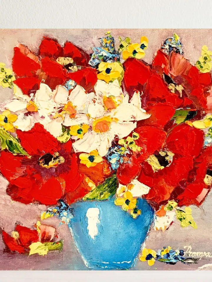 Daisy Painting Poppy Original Art Impasto Oil Painting Chamomile Flowers Painting Original Art Floral Wall Art Small Painting Gift 10x10