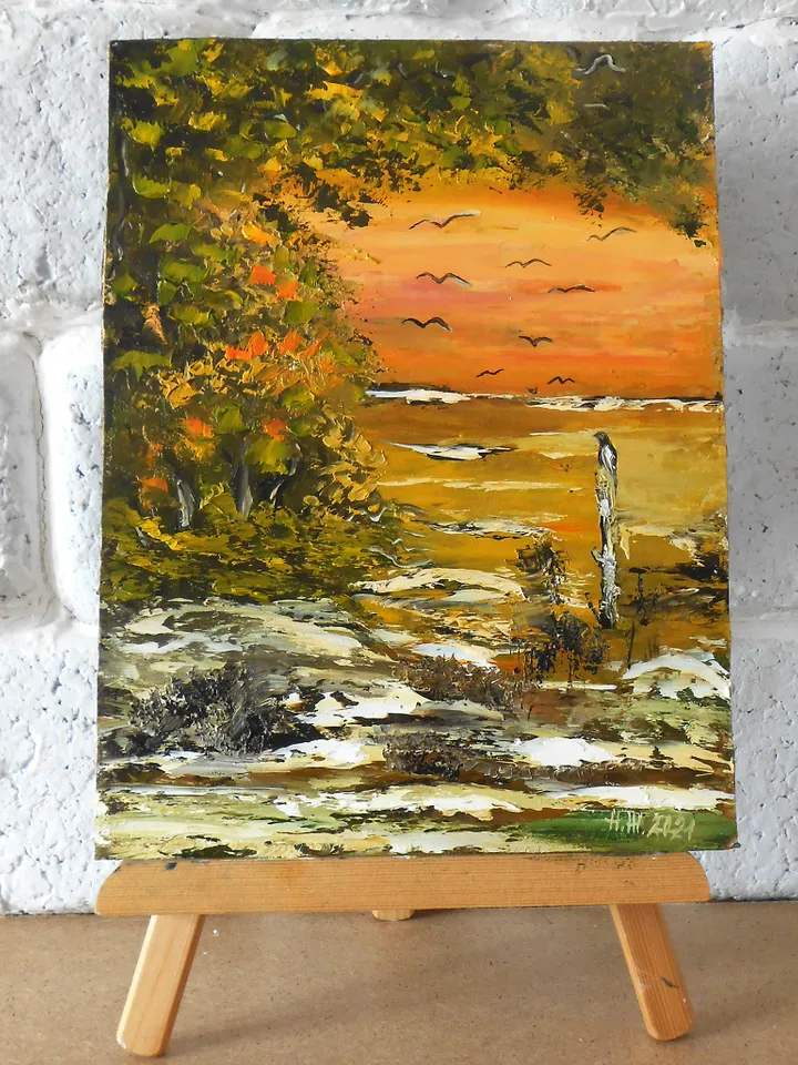 Gold Autumn landscape original oil painting with pallete knife