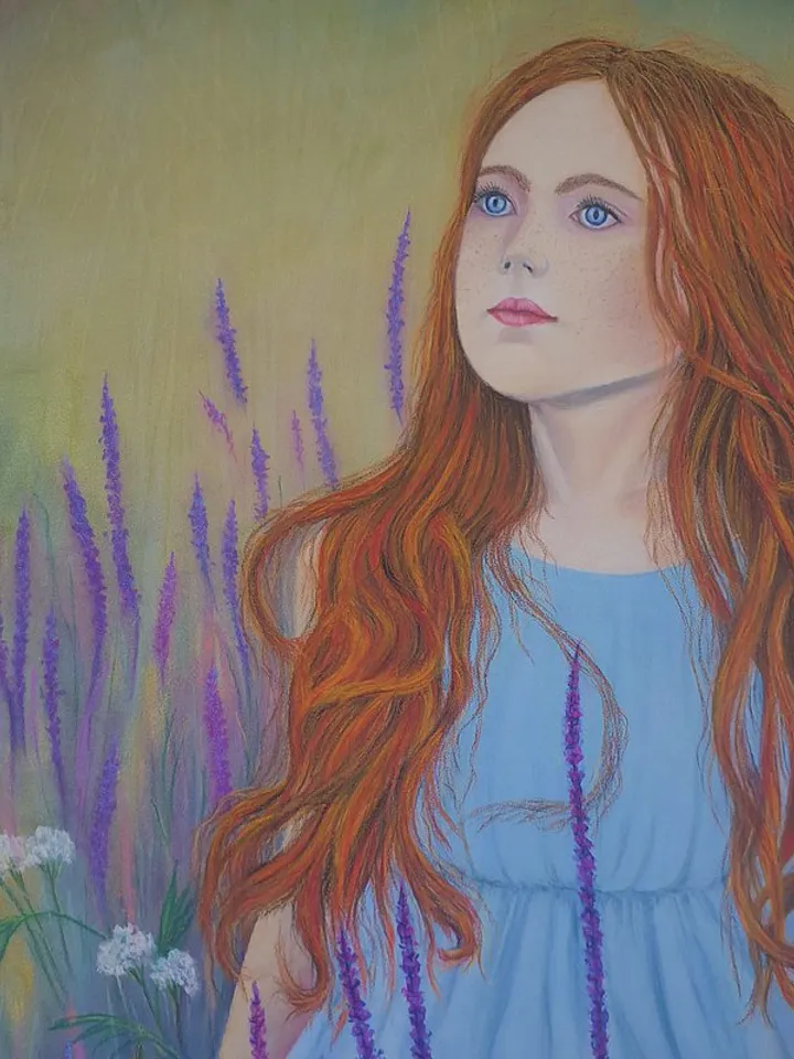 Girl Painting Lavender Original Art Red haired Girl Woman Soft Pastel Painting