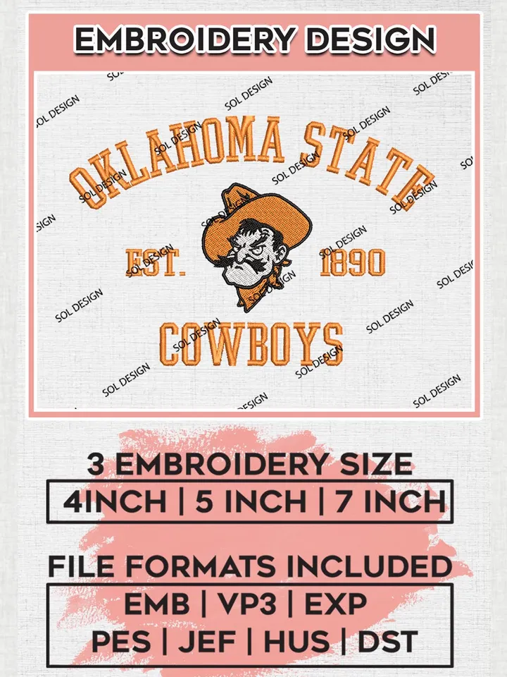 Oklahoma State Cowboys Est 1890 Logo Embroidery Designs, NCAA Oklahoma State Cowboys Team Embroidery, NCAA Team Logo, 3 sizes, Machine embroidery Files, Digital Download