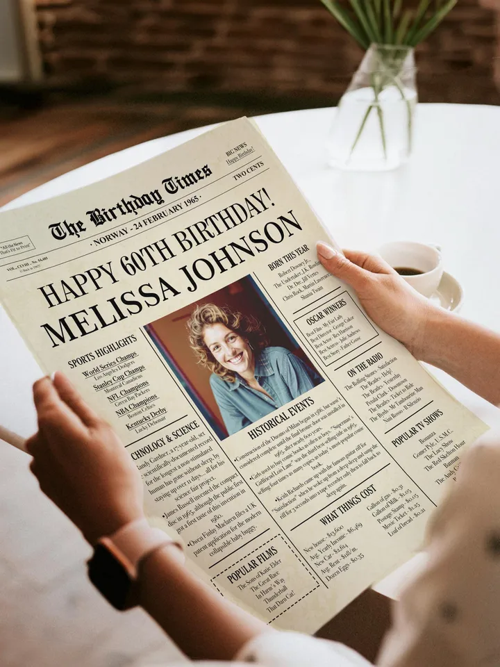 60th Birthday Newspaper Poster for Dad or Mom β Born in 1965 Sign, Back in 1965 Printable Gift, Vintage 60th Birthday Decorations
