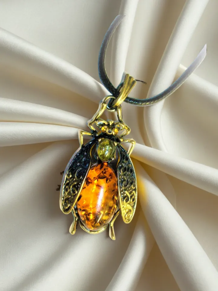 Beetle Insect pendant with Baltic Amber Jewelry Antique Gold Brass Vintage Style Cute Beetle necklace Nature Lovers idea Perfect Gift for Girlfriend Daughter Women Holiday Jewelry
