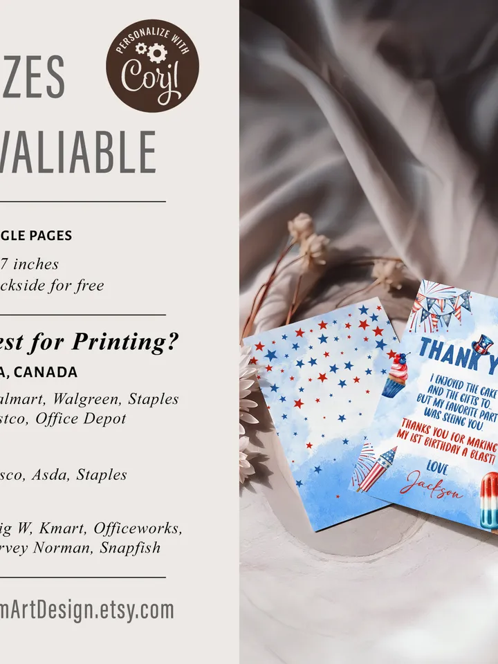 4th Of July Thank You Card Template, Little Firecracker Birthday Photo Thank You Card, Red White Blue Patriotic Independence Birthday FC001