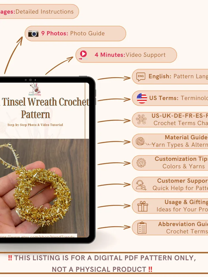 Gold Tinsel Wreath Crochet Pattern, DIY Festive Ornament PDF, Handmade Christmas Décor Tutorial, Beginner Holiday Craft Project