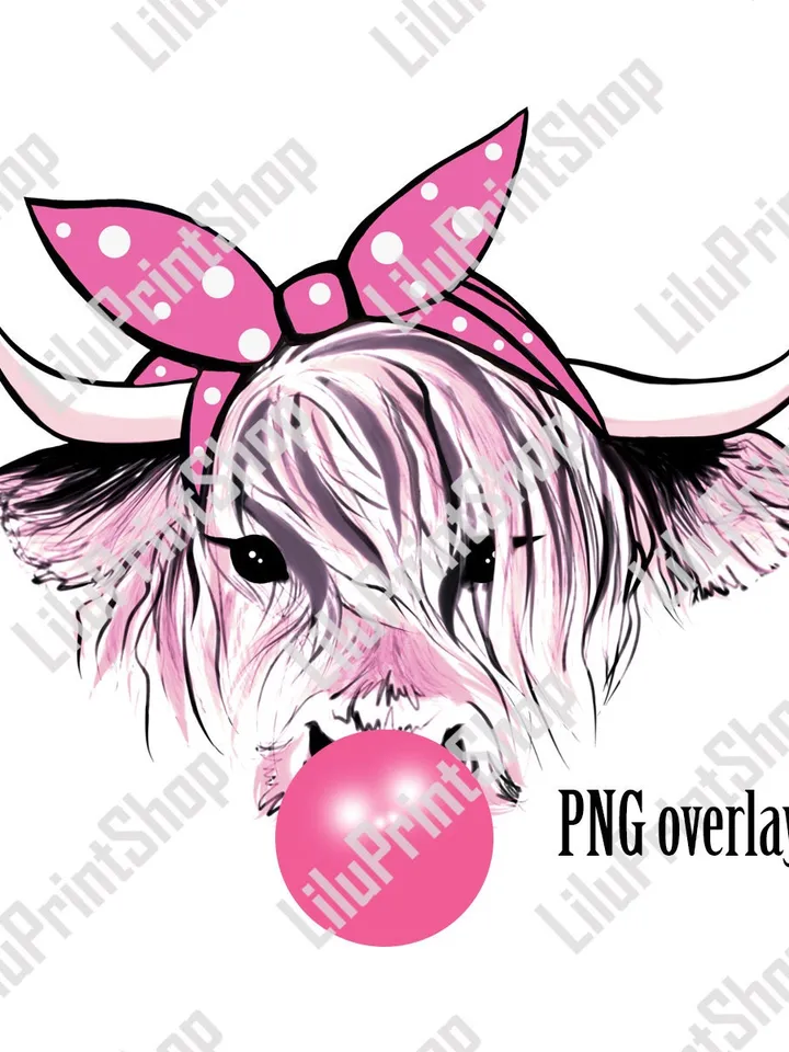 Strawberry cow PNG Strawberry cow overlay Strawberry cow Sublimation Design Highland cow clipart Cow and bubble gum Strawberry cow clipart