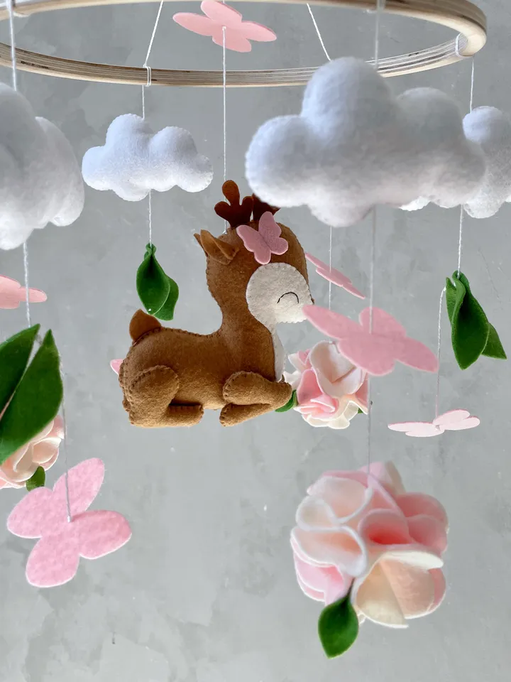 Deer mobile baby girl with flowers and butterflies, Woodland crib mobile girl