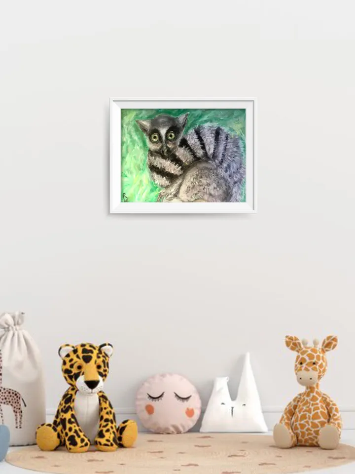 Lemur oil pastel painting,original animals painting,funny animals wall art,kids room decoration,lemur paintings gifts,affordable artwork.