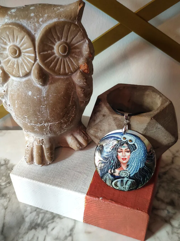 Pearl pendant necklace: Woodland fairy and owl painted on Lacquer handmade jewelry • Unique statement magic necklace for fantasy lover girl