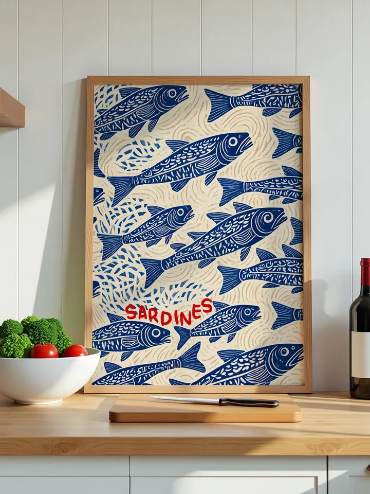 Sardines Print Sardine Tin Vintage Poster Retro Sardine Wall Art Fish Print Eclectic Wall Art Colorful Kitchen Art Maximalist Poster Digital