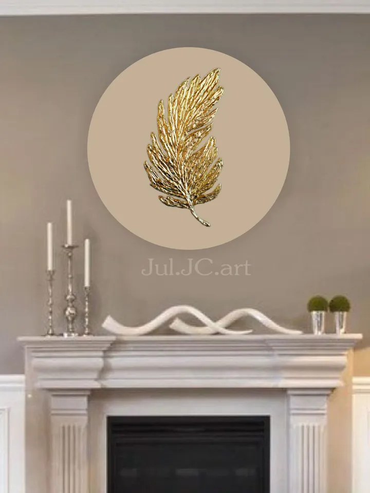 Gold Feather Abstract Painting Gold and Beige Wall Art on a round canvas Textured Artwork Modern wall decor