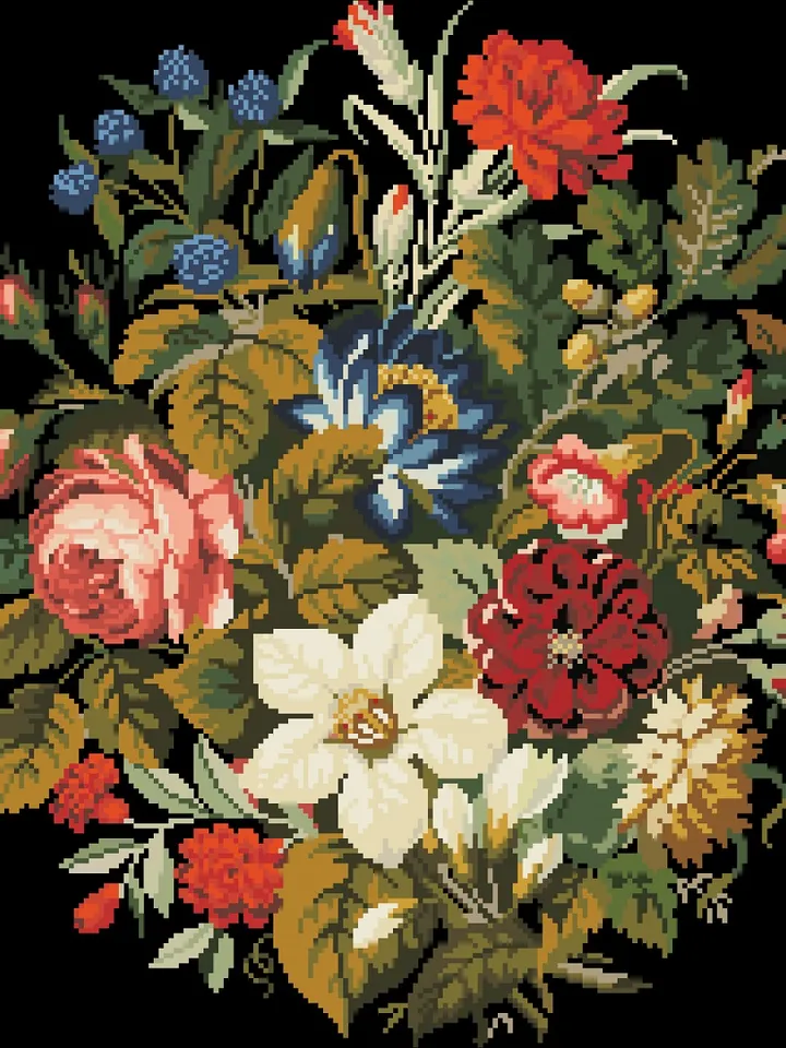 Antique Cross Stitch Pattern Bouquet of Garden Flowers Counted Digital Download PDF