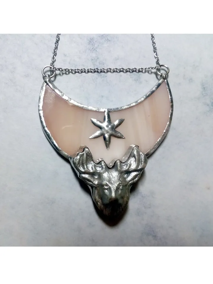 Deer antler jewelry, Deer head necklace, Yule jewelry, Christmas deer, Moon crescent deer, stag head pendant