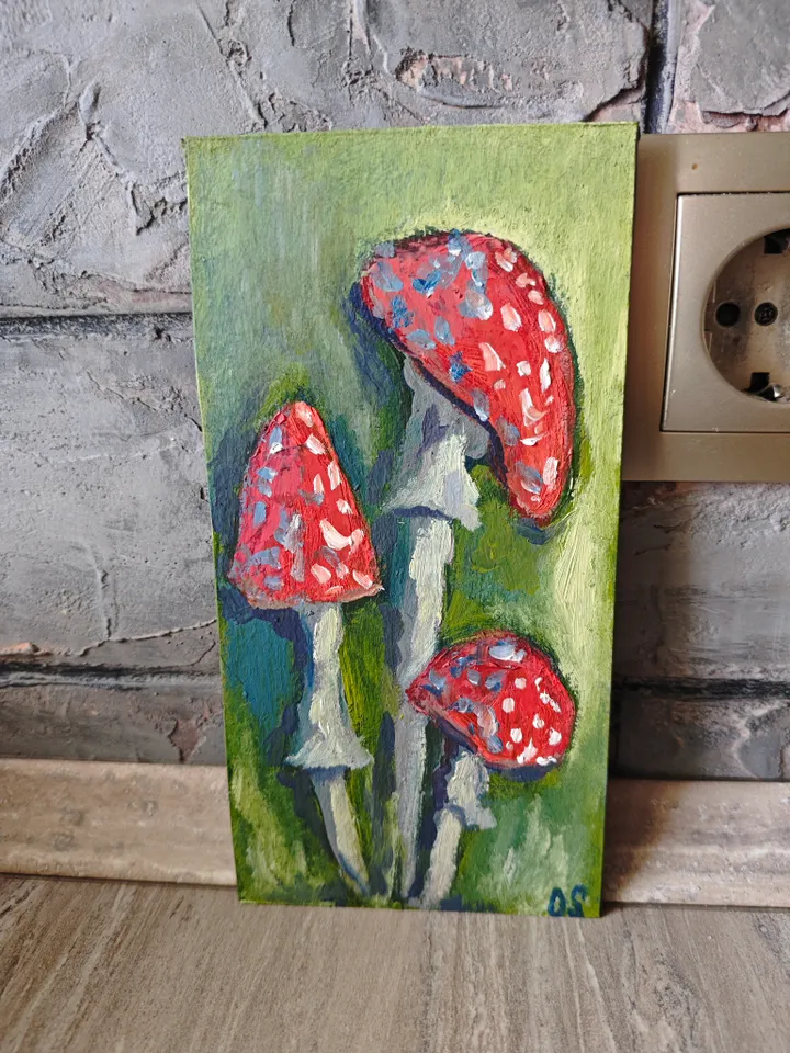 Mushroom Original Painting Red Amanita Original Art Fly Agaric Modern Artwork Red Mushrooms Wall Decor Amanita Oil Painting 4x8 inches by OlgaSokolovaArt
