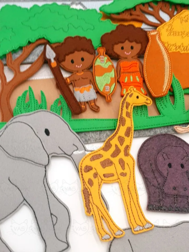 Africa Quiet Book Page & Finger Puppets ITH Embroidery Design, Felt Play Mat Set, Educational Toy, Cultural Learning Digital Download