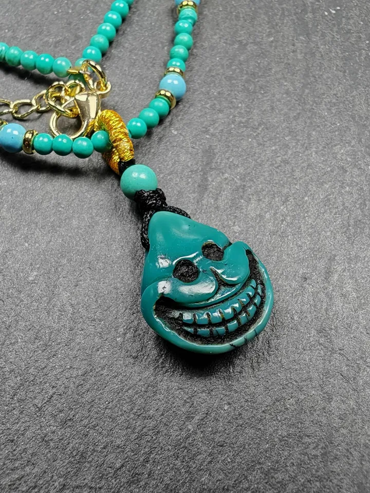 Authentic Turquoise Citipati Skull Protective Necklace,Gandhanra Tibetan Turquoise Amulet for Woman,23cm Length, Spiritual Gift