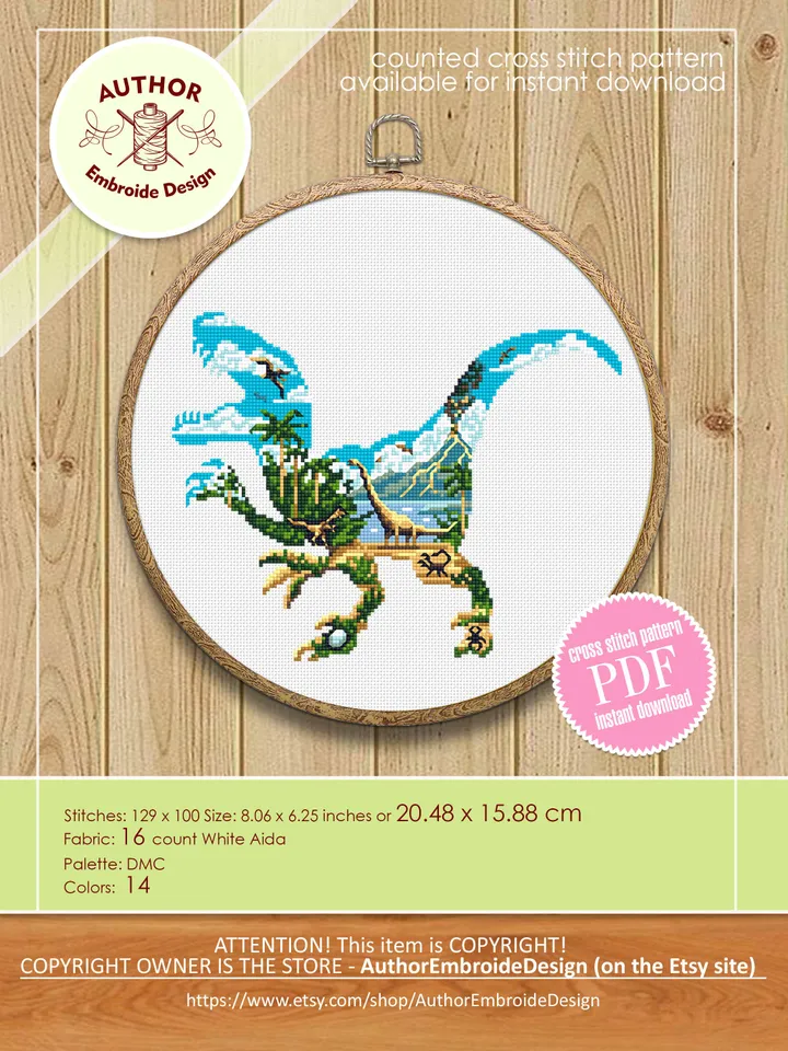 Dinosaur cross stitch pattern download PDF Ancient animal cross stitch chart Dinosaur world cross stitch, Dinosaur silhouette embroidery #D7