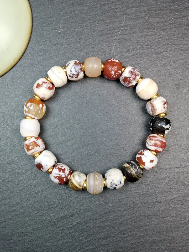 Gandhanra Tibetan Sugar Agate Beads Wrist Mala, Unique 11mm Barrel Shape Carnelian Bracelet
