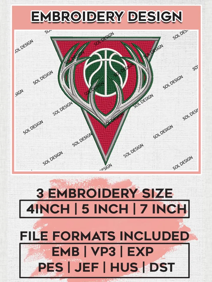 Milwaukee Bucks Embroidery Designs, NBA Logo Embroidery Files, NBA Bucks, Machine Embroidery Pattern, Digital Download