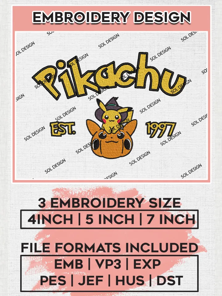 Halloween Pikachu Pumpkin Est Embroidery designs, Halloween Machine embroidery designs, Pokemon Character embroidery files, Trick Or Treat Machine Embroidery Digitized Pes Files, Digital Download