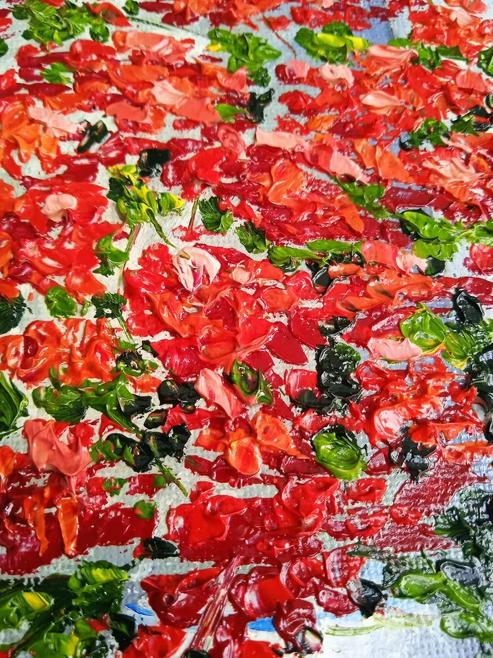 Oil painting Bright red flowers in a white vase Impasto Art 25 x 20 centimeters