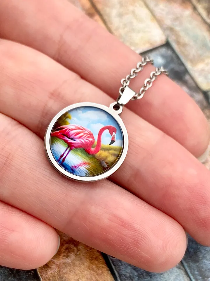 Flamingo necklace, steel pendant with glass, Bird lover gift