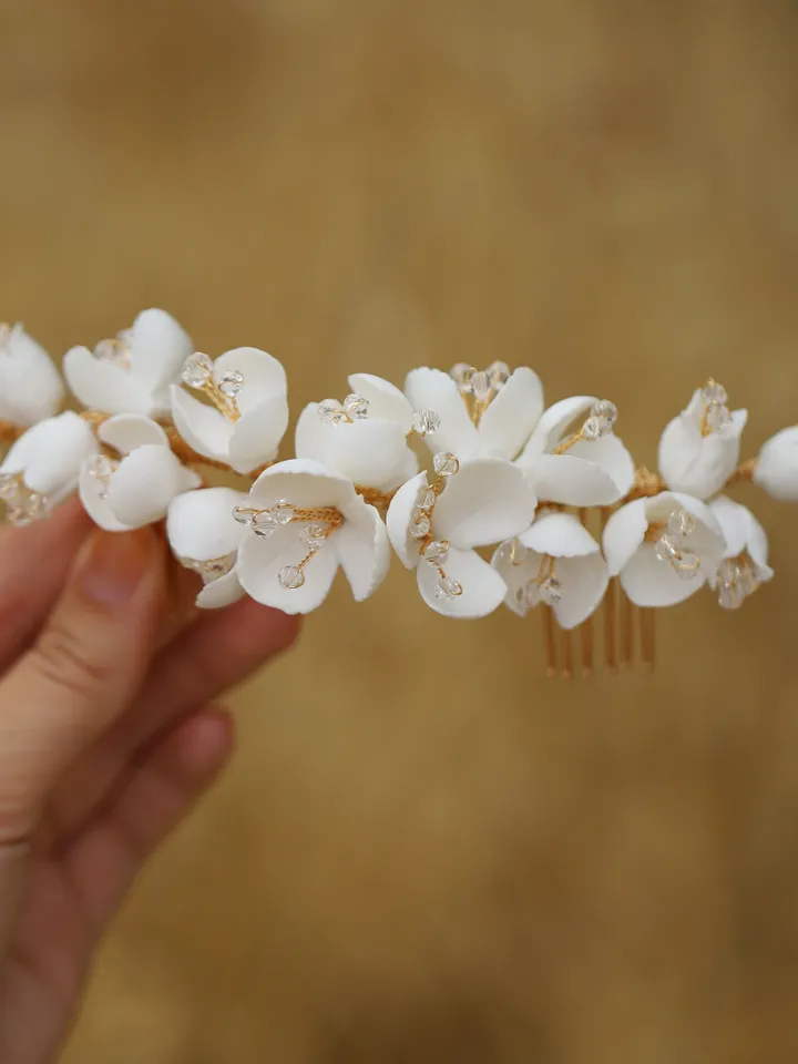 Gold Wedding hair accessories, Porcelain Flower Headpiece, Floral Bridal Headpiece, Rose Gold Hair Comb, Leaves Bridal Hair Accessories,