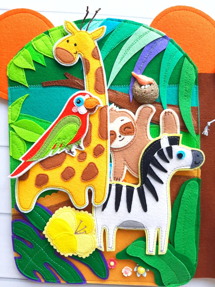 Jungle Quiet Book pattern PDF, Felt book pattern, Soft montessori book template, Felt jungle animals pattern, Felt Activity Book pdf ideas