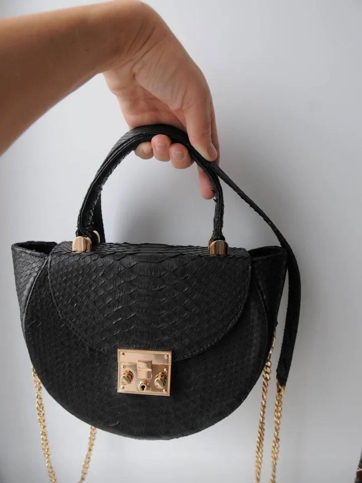Genuine Python Skin Crosshandle Elegant Black Bag | Exotic Leather Bags | Designer Bags | Handmade Chain Crossbody Handle Women Classy Purse