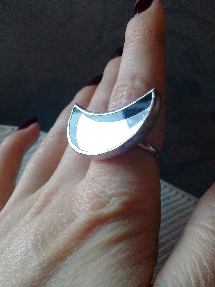 Mirror crescent ring, moon ring, soldered ring, stained glass ring, protection ring, Halloween ring, witchy aesthetic